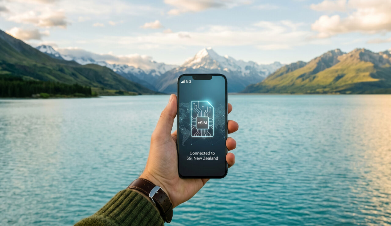 ニュージーランドならではの壮大な風景を背景に、通信が繋がっている安心感を表現