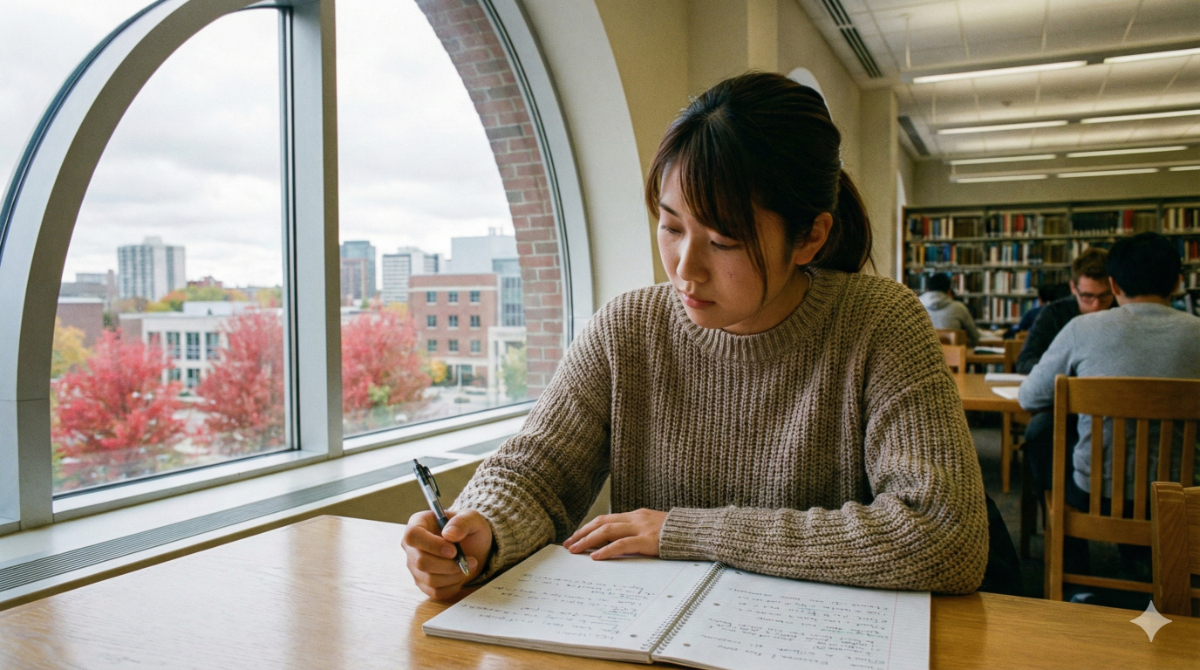 カナダの語学学校で真剣に英語を勉強している日本人留学生の様子
