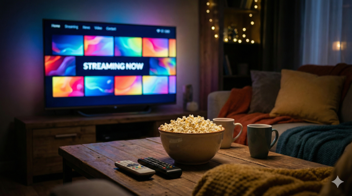 自宅で映画館のようにストリーミングを楽しむ様子。