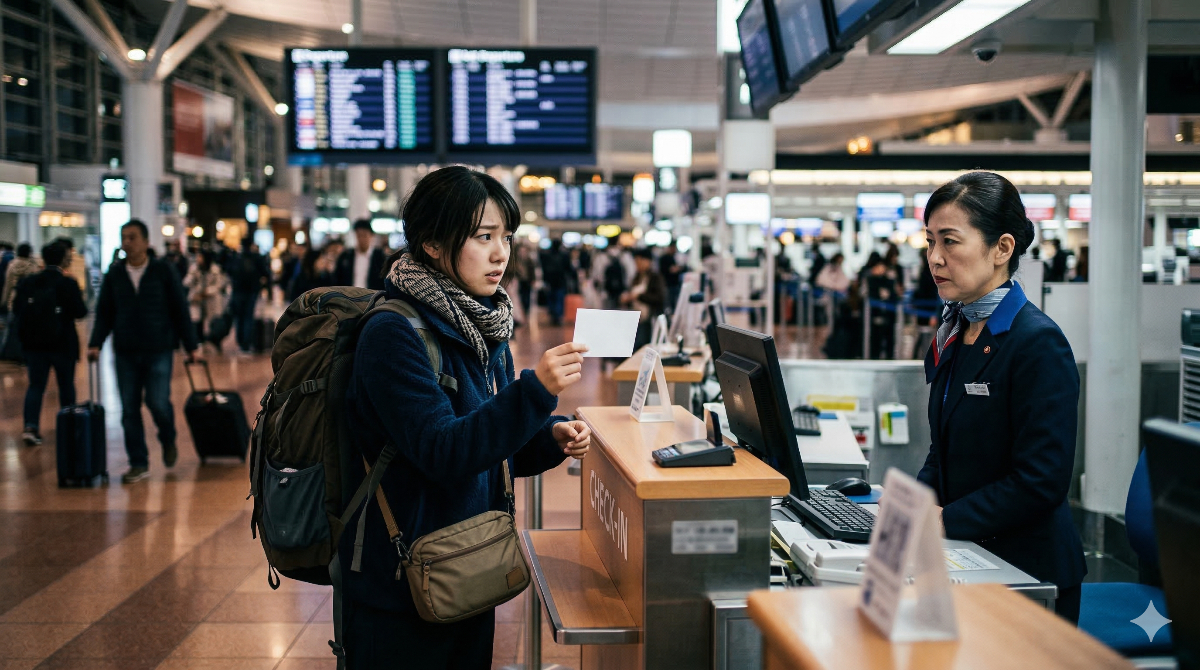 空港のチェックインカウンターでの搭乗手続きに不安を感じている日本人旅行者のイメージ