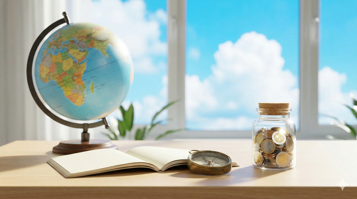 地球儀やコンパス、コインが入ったガラス瓶を配置し、「費用を抑えて世界を見渡す」というテーマを表現