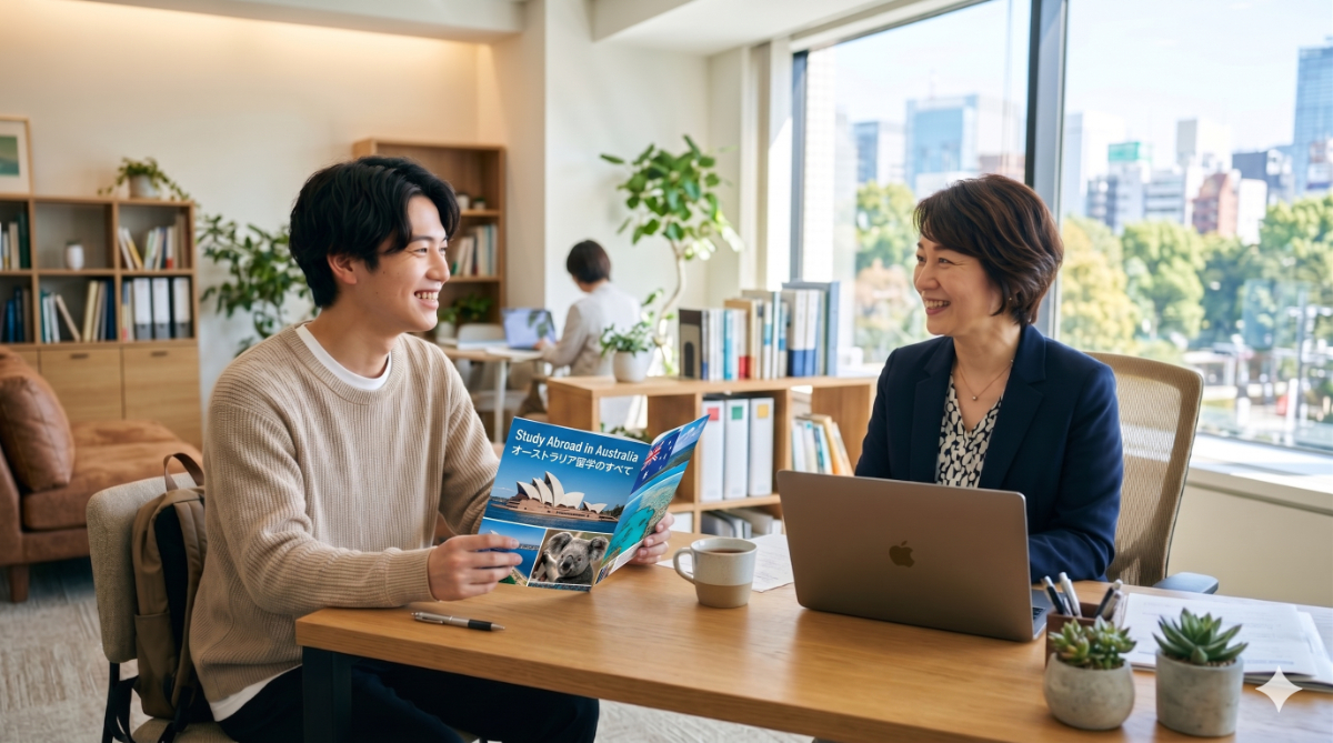 留学エージェントのオフィスでプロのカウンセラーに相談し、安心した表情を浮かべる日本人留学生
