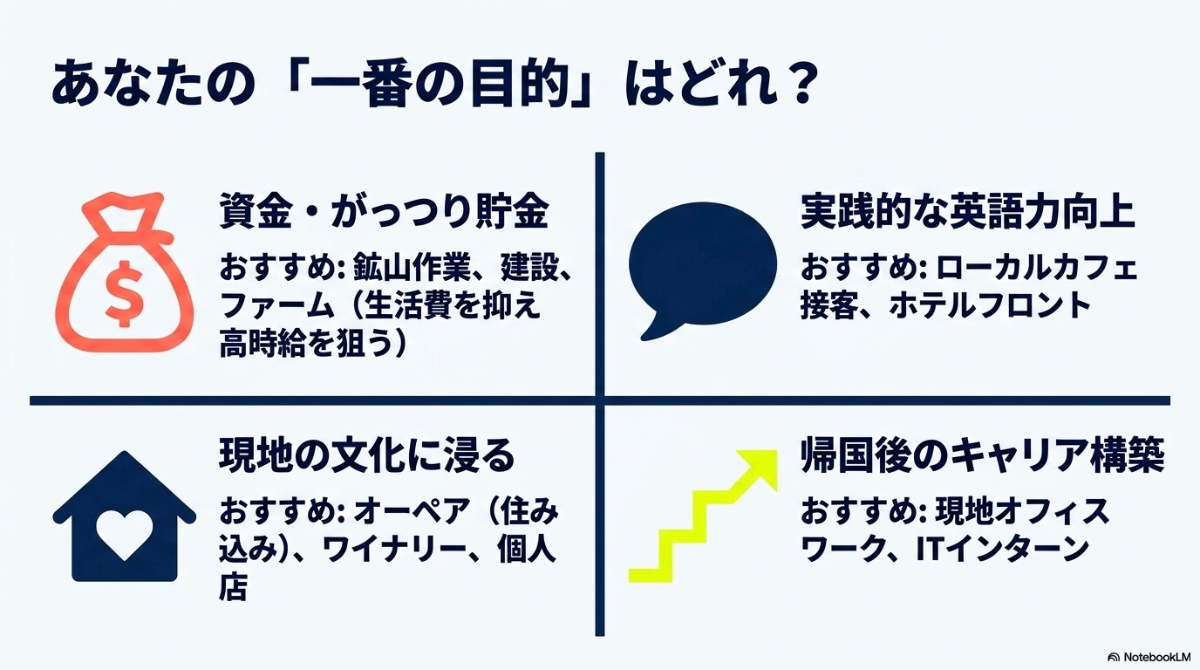 資金・貯金、文化体験、英語力向上、キャリア構築の目的別おすすめの仕事一覧