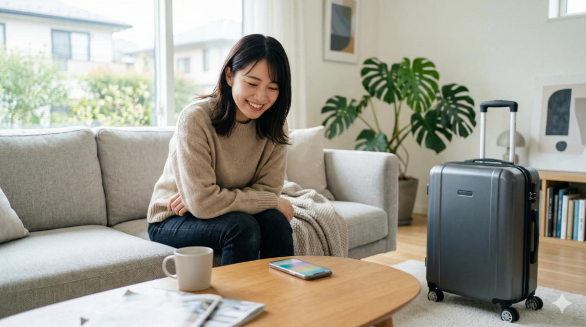 出発前の自宅でくつろぎながらスマートフォンでeSIMを契約・設定する日本人女性