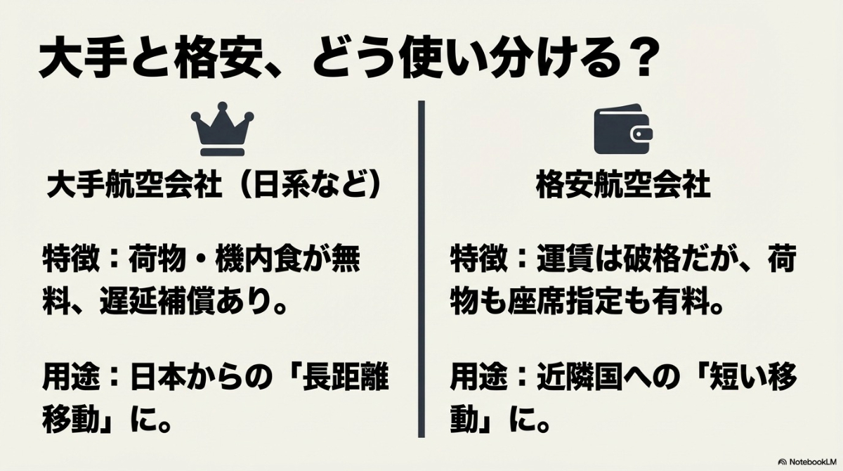 長距離移動に向く大手航空会社と短距離移動に向く格安航空会社（LCC）の特徴と使い分けの解説