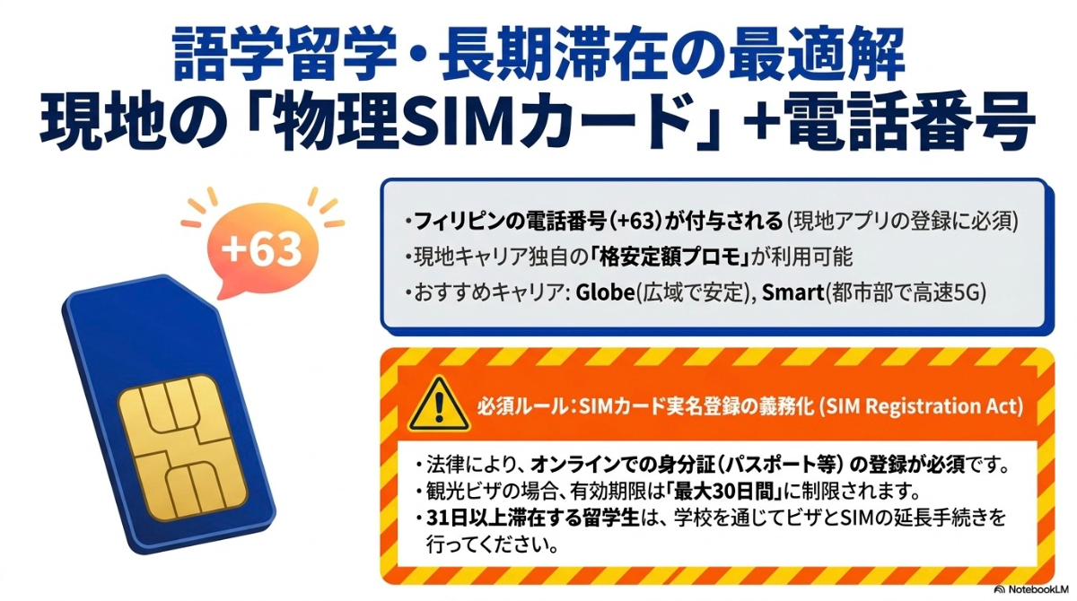 長期滞在や留学には現地SIMが最適であることと、実名登録やビザ延長に関する注意点