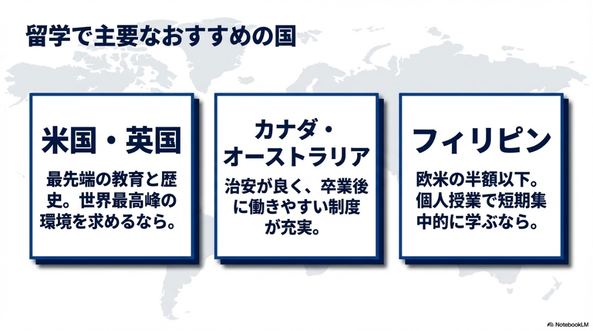 留学で主要なおすすめの国として、米国・英国、カナダ・オーストラリア、フィリピンの特徴をまとめた図解。