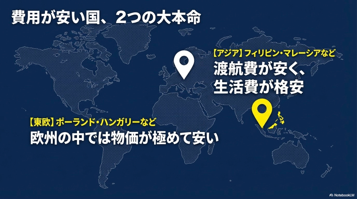 留学費用が安い大本命である物価が安い東欧と、渡航費・生活費が格安なアジアの比較