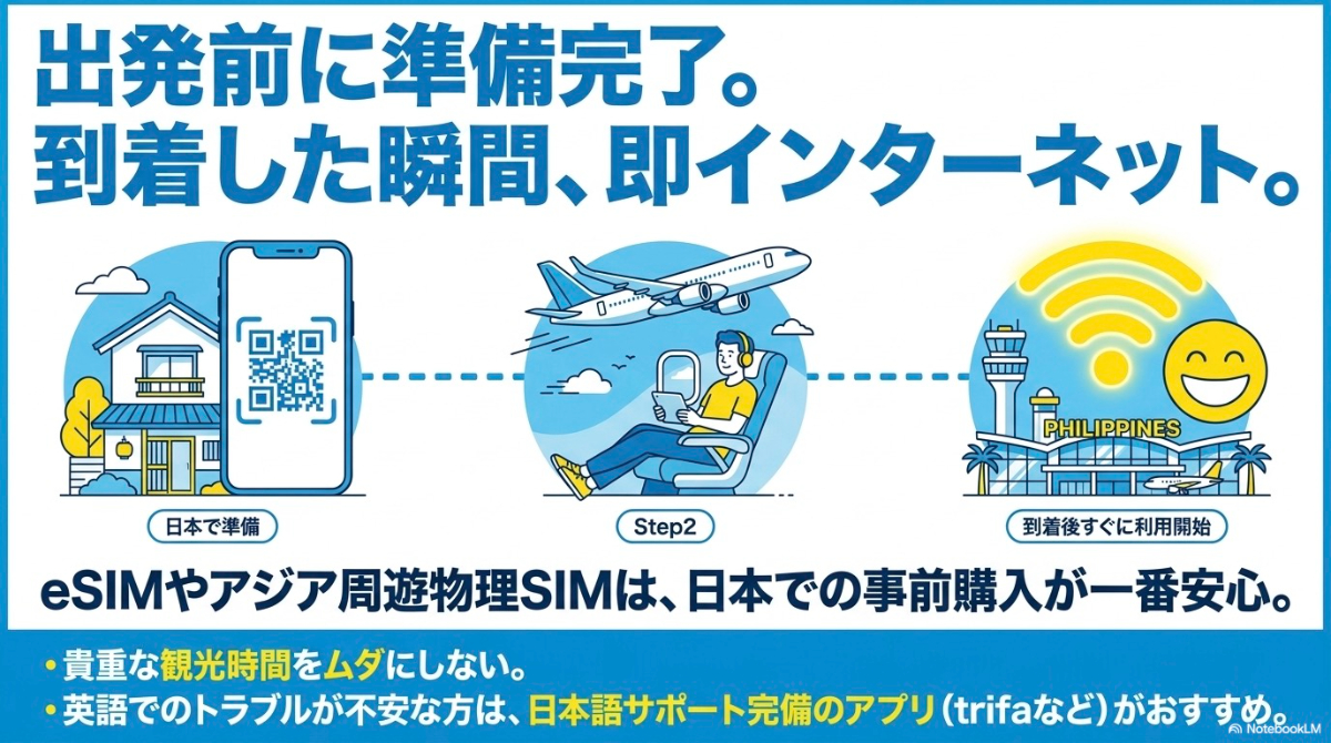 日本の自宅で通信設定の準備を行い、フィリピンの空港に到着したらインターネットが利用できる流れを示したイラスト
