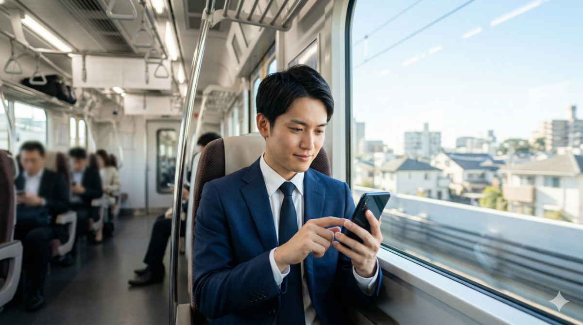 毎朝の通勤電車の中でスマホアプリを使ってgymglishのレッスンをこなす日本人の男性会社員