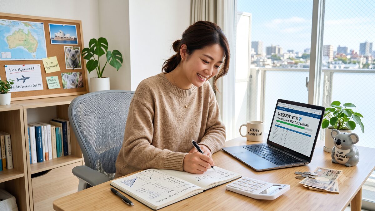 オーストラリアのワーキングホリデーに向けてパソコンとノートで渡航準備の計画を立てる日本人女性