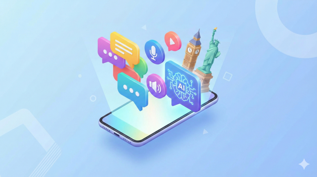 アプリの機能性（スピーキング、AI解析、世界とのつながり）を直感的に伝える、キャッチーなデザインです。