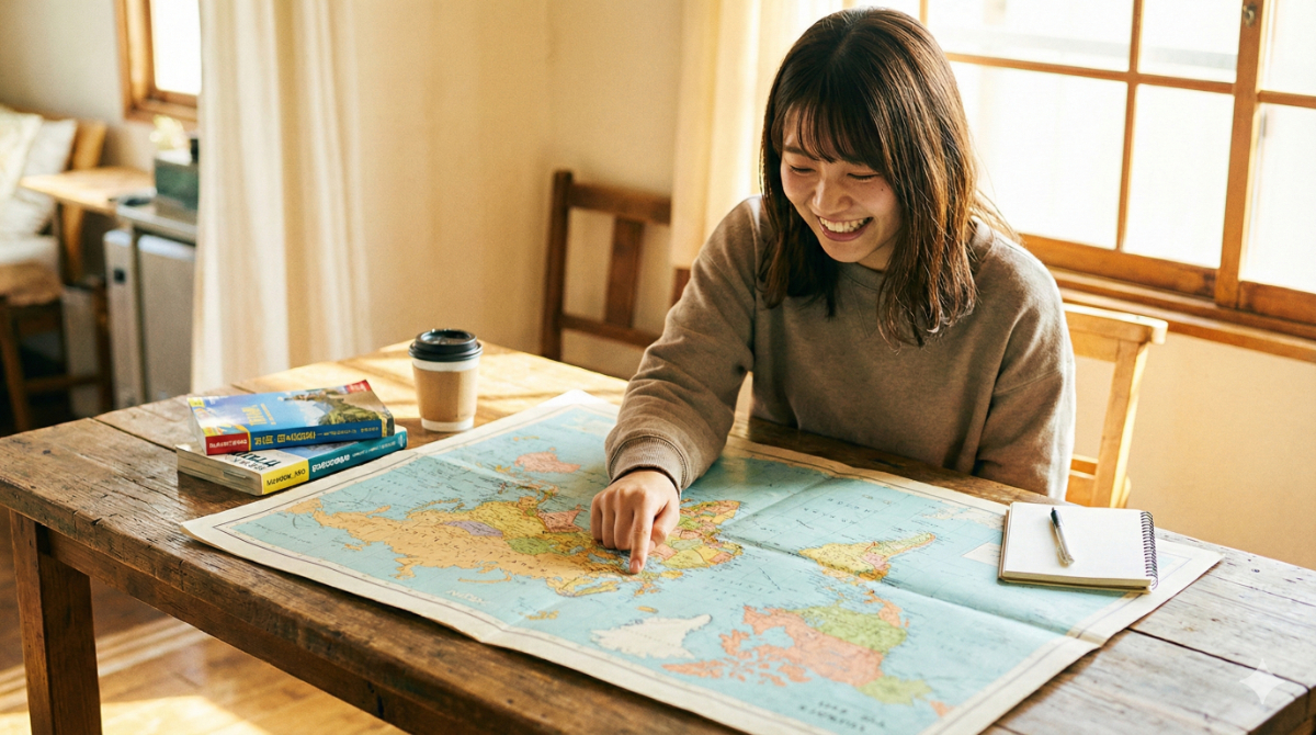 ワーキングホリデーの計画を立てるために笑顔で世界地図を広げている日本人女性
