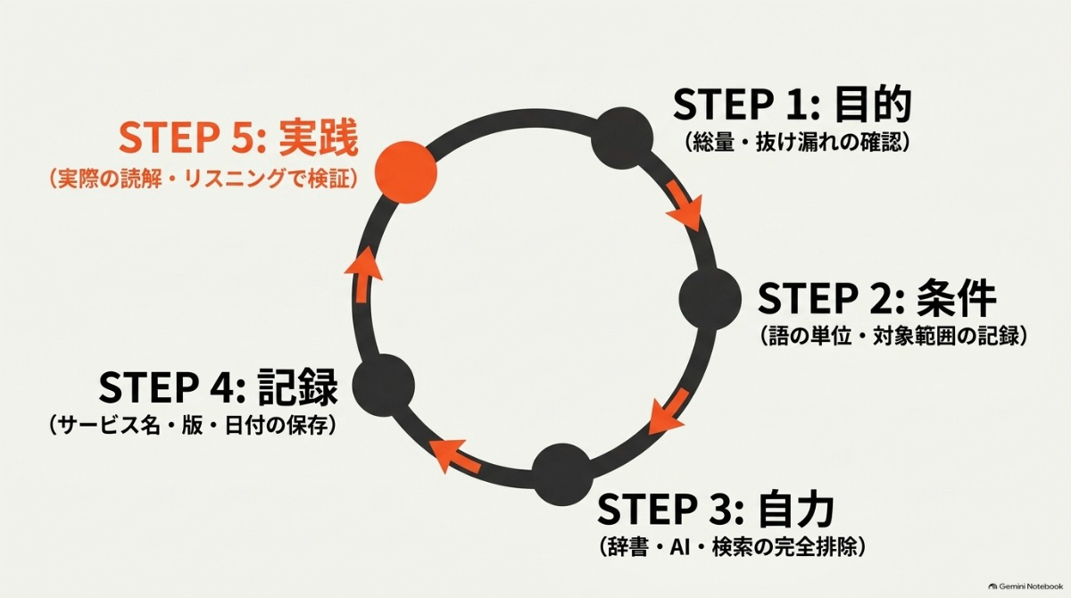 語彙力診断を有効に活用するための5つのステップ（目的、条件、自力、記録、実践）をまとめた図