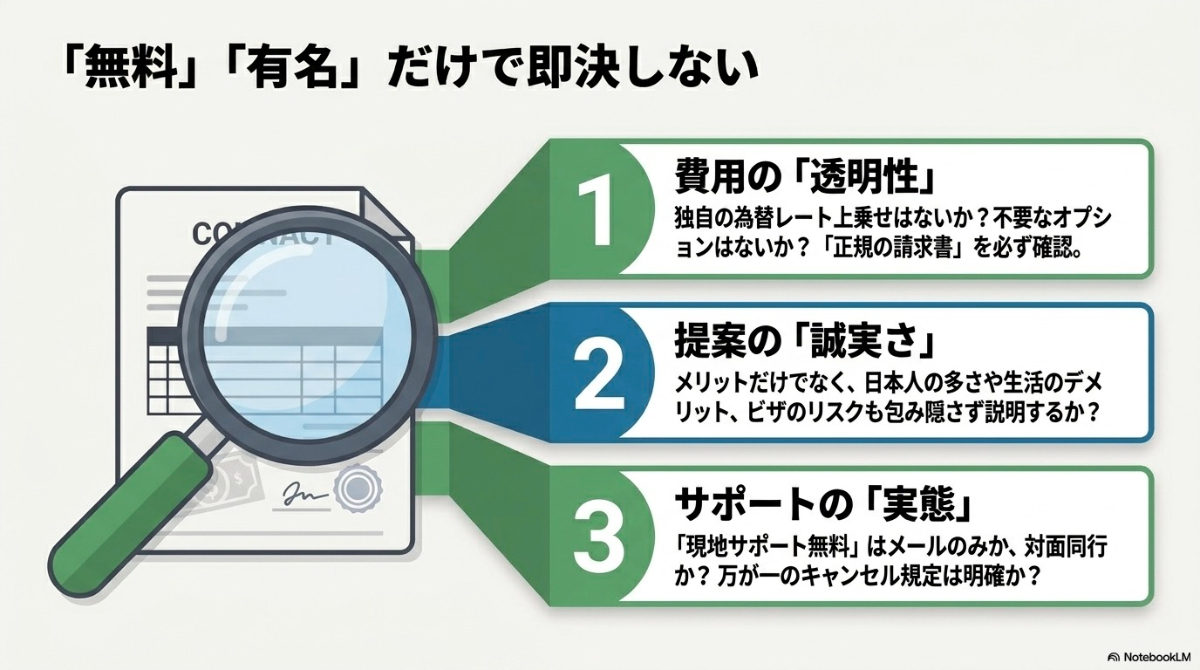 費用の透明性、提案の誠実さ、サポートの実態など、契約前に必ず確認すべきチェックポイントをまとめたスライド