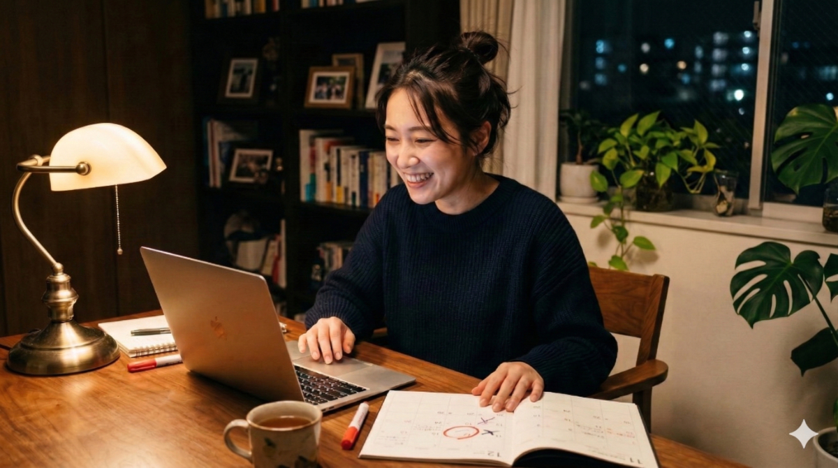 自宅のデスクで日本人女性がカレンダーや手帳を見ながら、渡航目的に合った海外航空券を予約できたことに満足している様子。