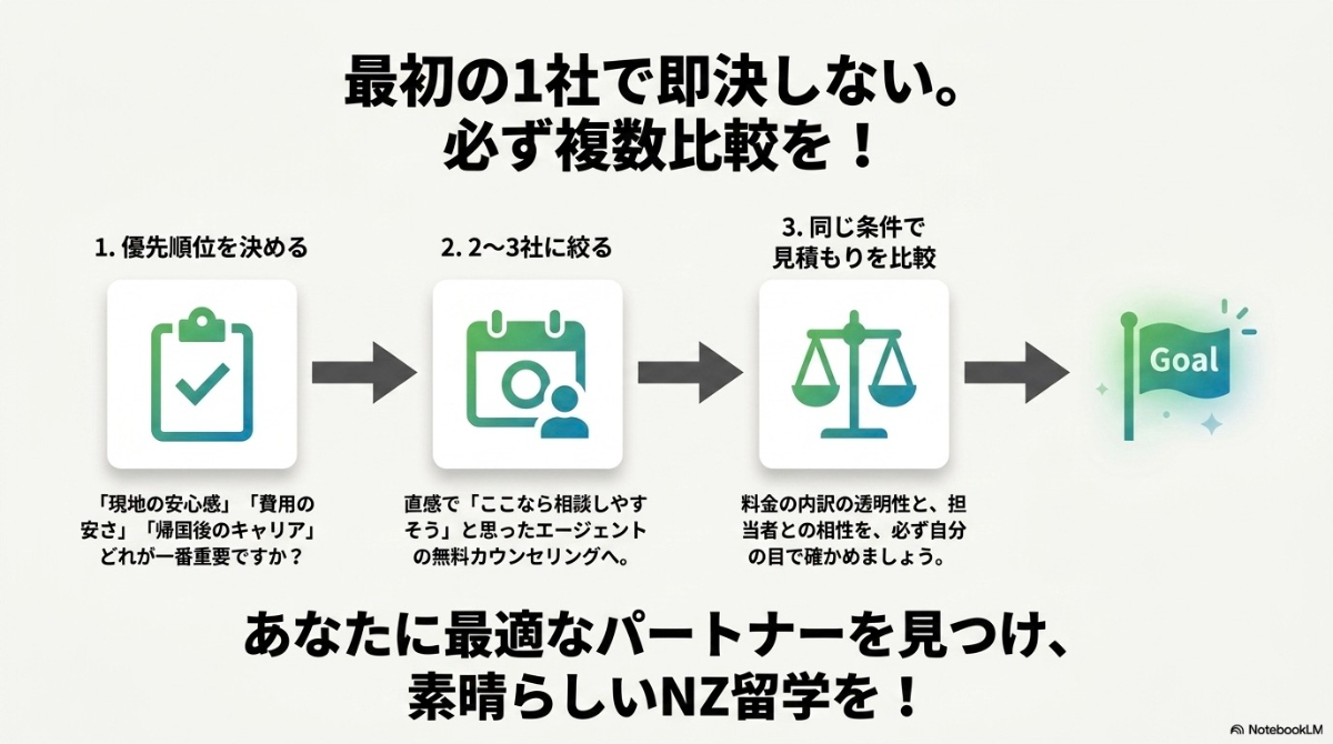 優先順位の決定、2〜3社への絞り込み、見積もりの比較という、自分に最適なエージェントを決定するための具体的な手順を示したスライド