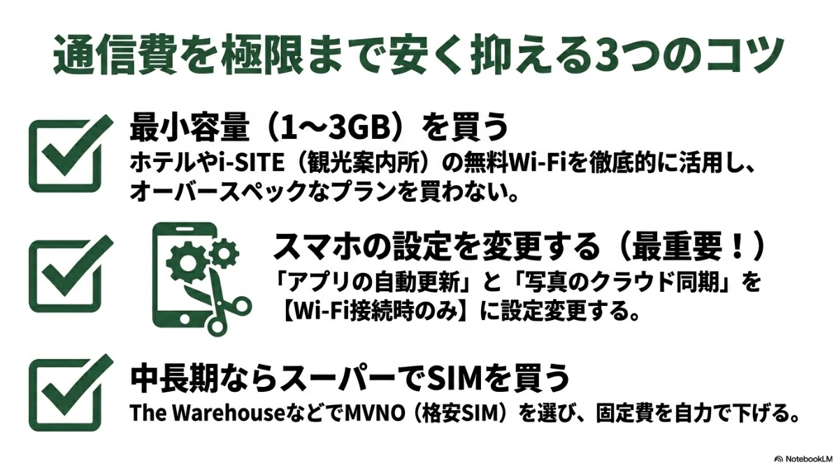 通信費を安く抑える3つのコツ（最小容量、スマホ設定変更、現地スーパーで購入）