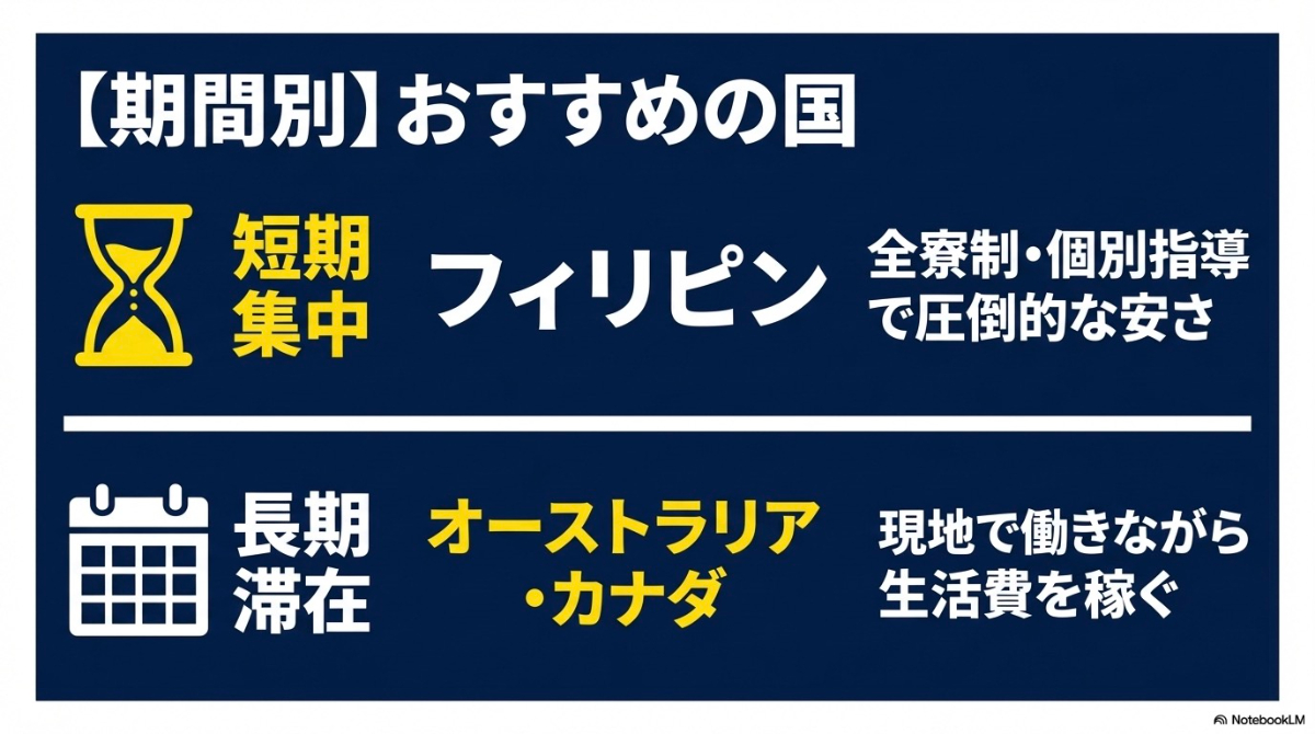期間別のおすすめの国として、短期集中と安さのフィリピンと、長期滞在でのオーストラリアやカナダを紹介するスライド