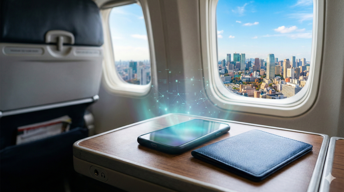 海外に到着前の機内の窓際イメージ