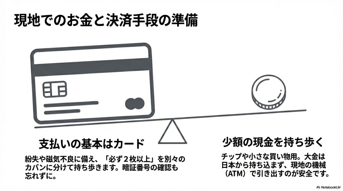 クレジットカード2枚持ちや少額の現金準備など現地での決済手段の基本