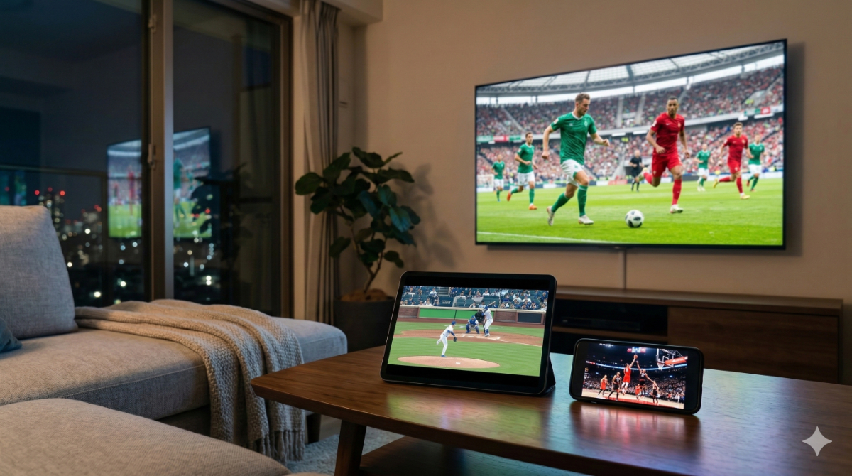 日本のリビングルームで、複数のデバイスが異なる海外プロスポーツを同時に映し出し、多様な選択肢を表現。