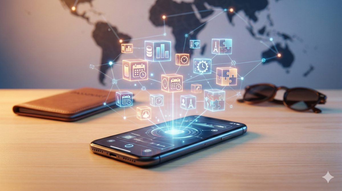 デスク上のスマートフォンと、プランの選択肢を象徴するデジタルのイメージ