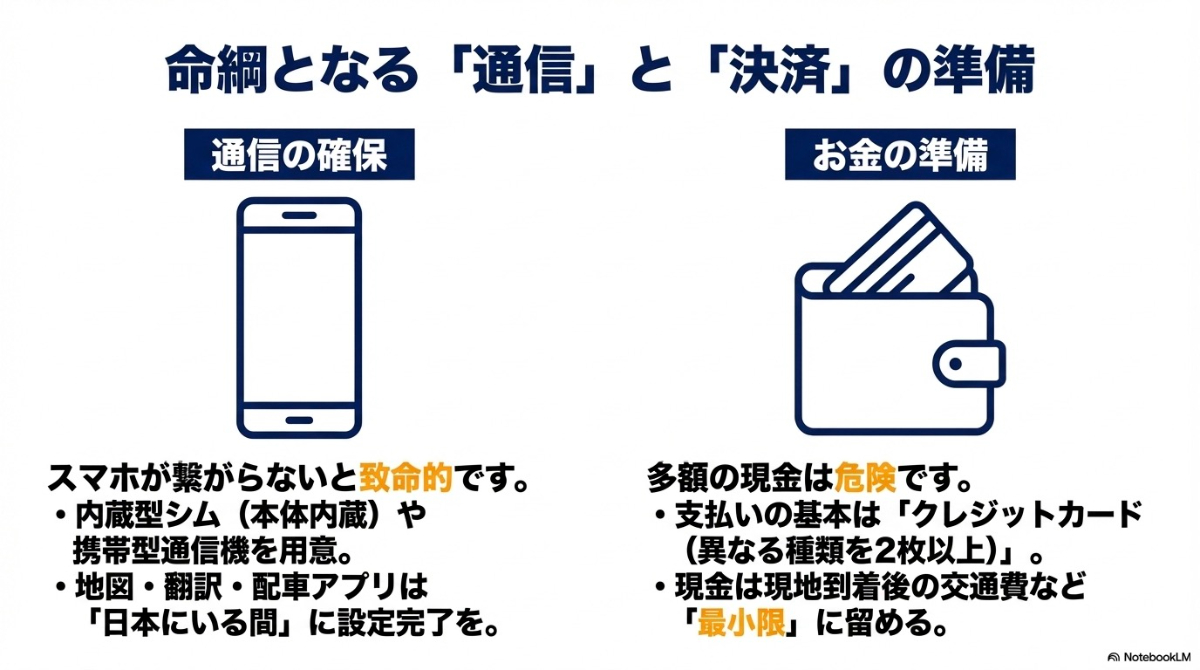 スマホ通信の確保とクレジットカードを中心としたお金の準備