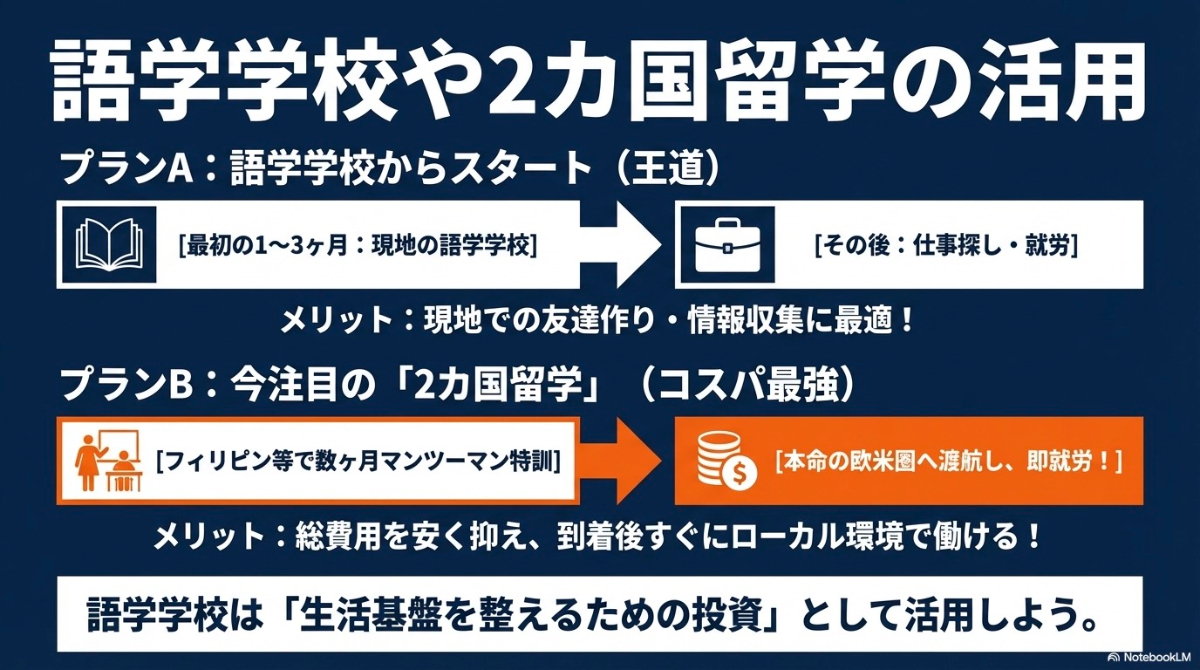現地の語学学校からスタートするプランAと、フィリピン等での学習を経て欧米圏へ渡航するプランB(2カ国留学)の図解