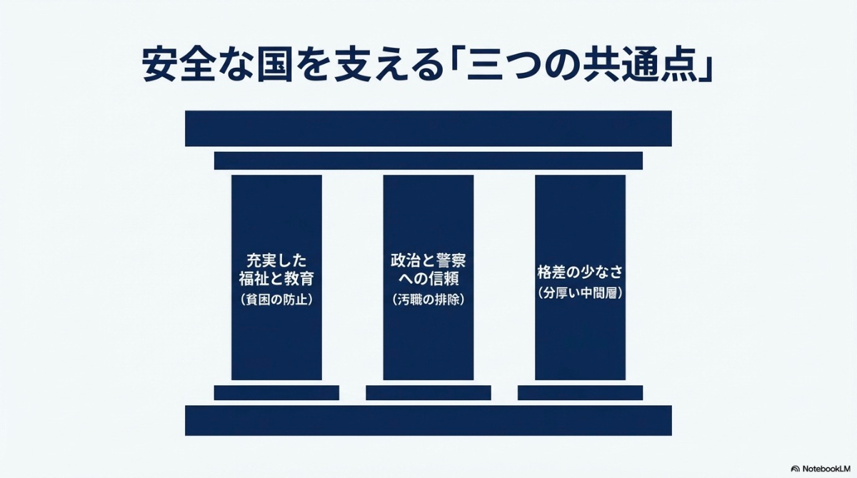 充実した福祉と教育、政治と警察への信頼、格差の少なさという安全な国を支える3つの共通点
