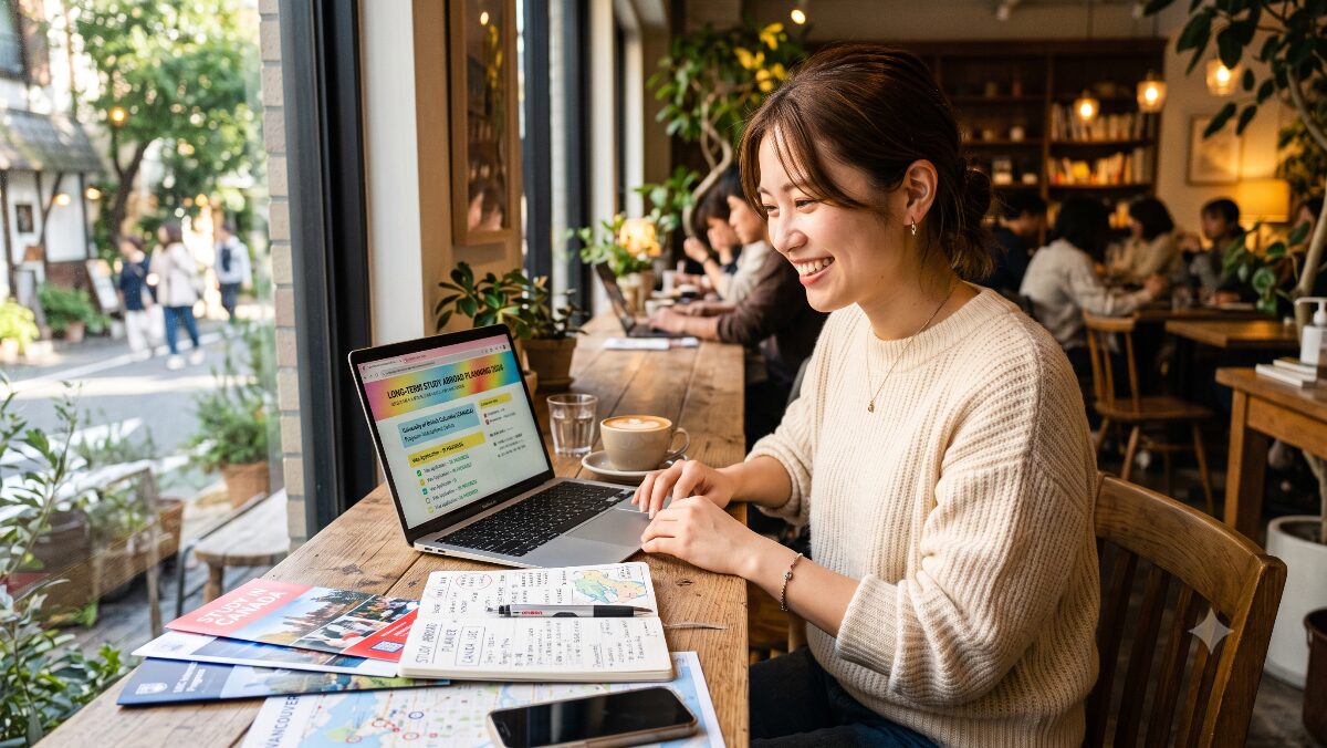 カフェでパソコンやノートを見ながら長期留学の計画を立てる日本人女性