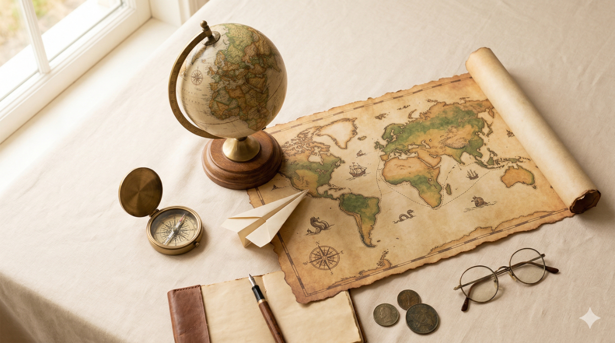 机の上に広げられたアンティーク調の世界地図や地球儀、そして羅針盤などを配置し、これから英語圏の国へ旅立つようなワクワク感を表現。