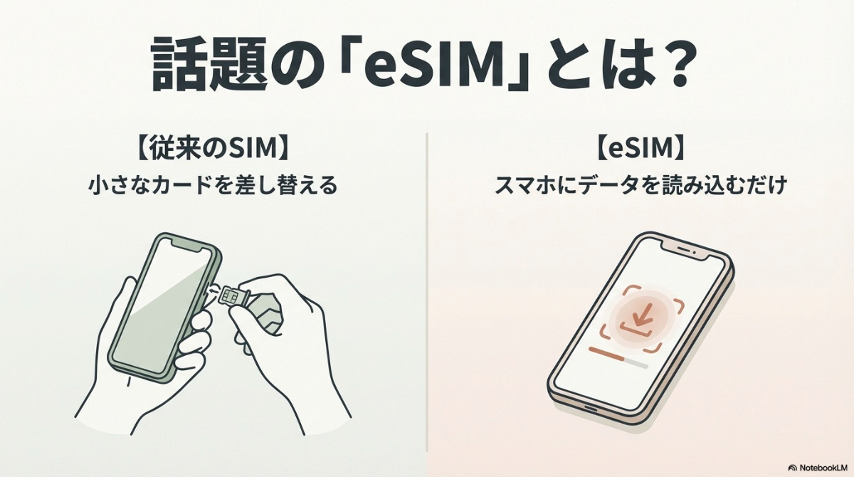 小さなカードを差し替える従来のSIMと、スマホにデータを読み込むだけのeSIMの違いを比較したイラスト