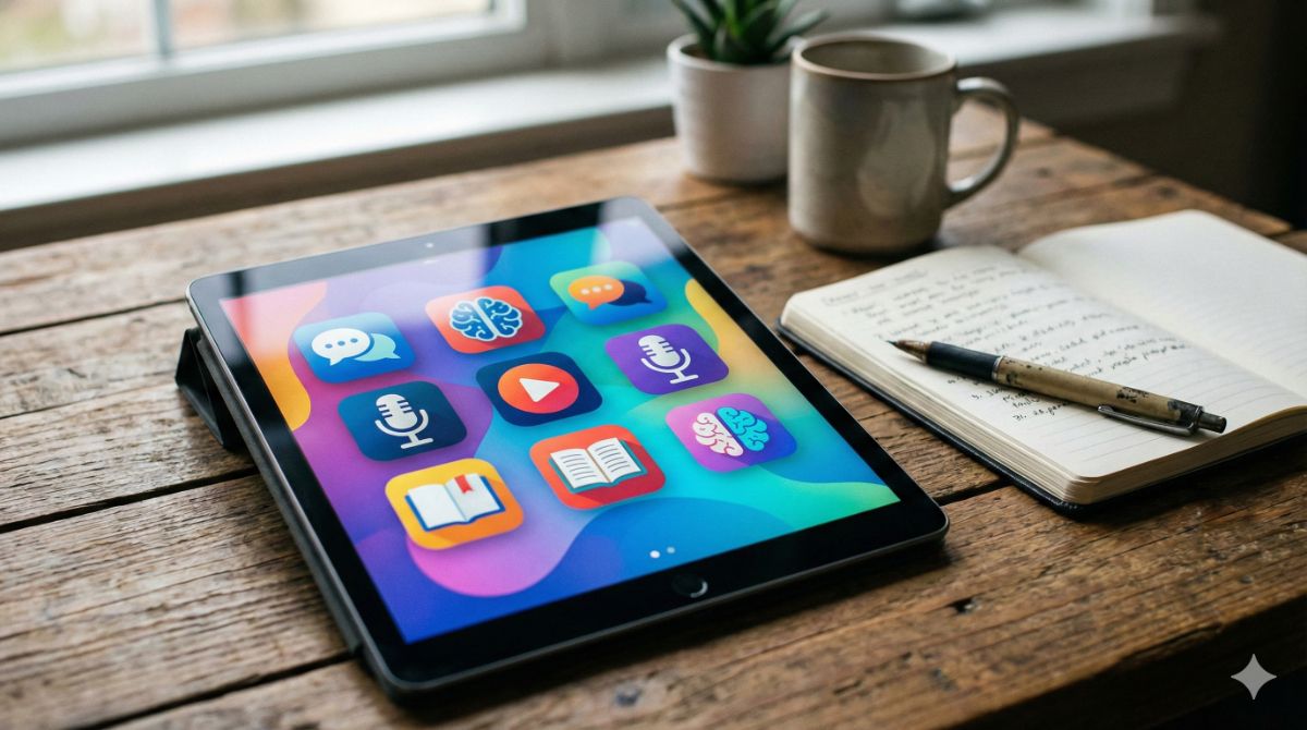 タブレットの画面に、様々な無料の英語学習サイトやアプリのアイコンが表示されている様子。独学に役立つツールの多様性を表現。