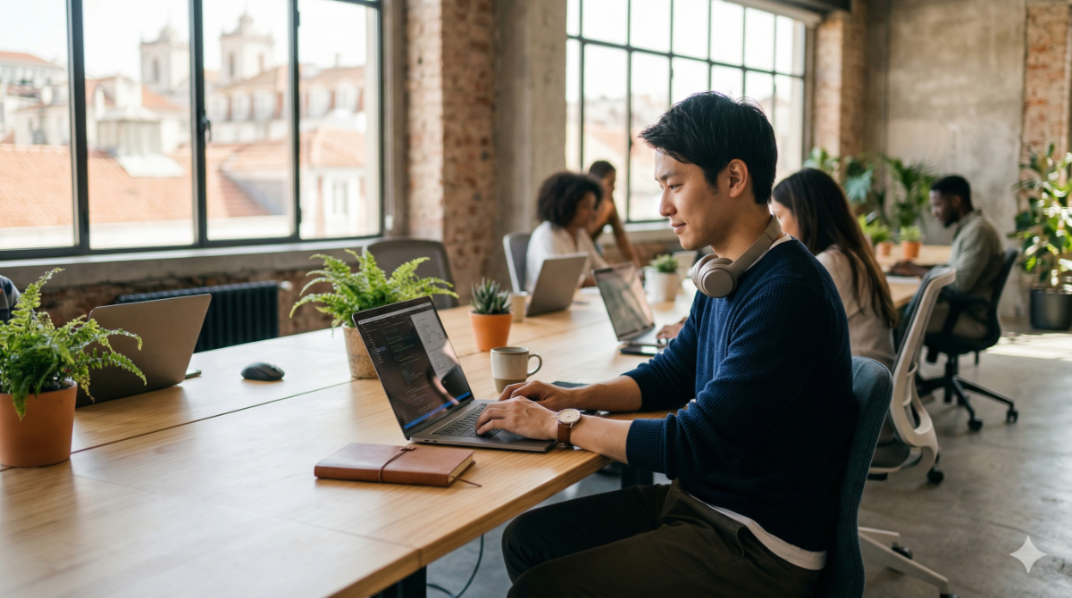 ポルトガルのコワーキングスペースで、ノートパソコンで作業する日本人エンジニア。デジタルノマドとしての働き方。