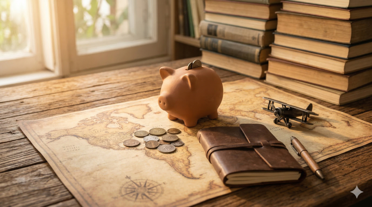机の上に広げられた世界地図や貯金箱、本などを配置し、限られた予算で渡航する計画段階を表現