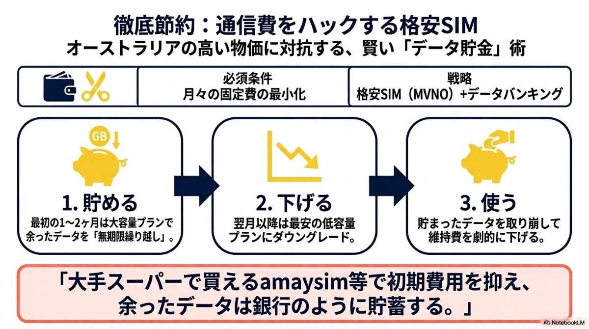 オーストラリアの格安SIM（MVNO）を利用し、データバンキングを活用して月々の通信費を下げる節約方法。