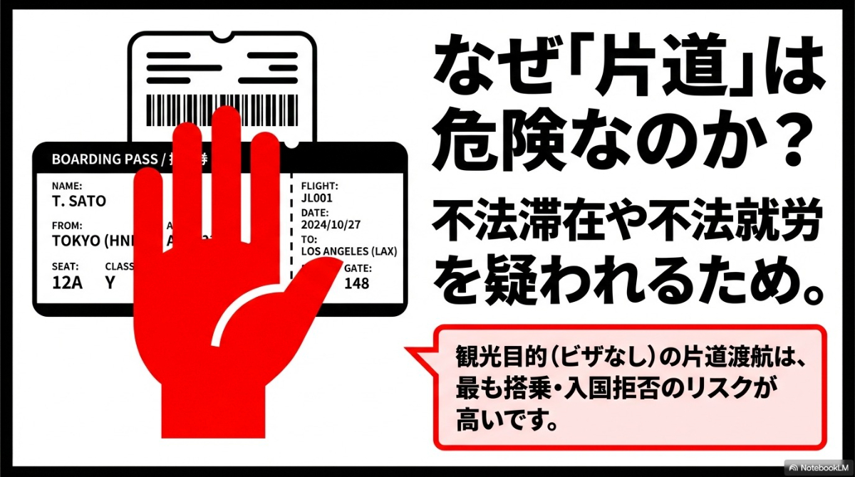 不法滞在や不法就労を疑われるため、観光目的の片道渡航は搭乗・入国拒否リスクが高いことを示す図解