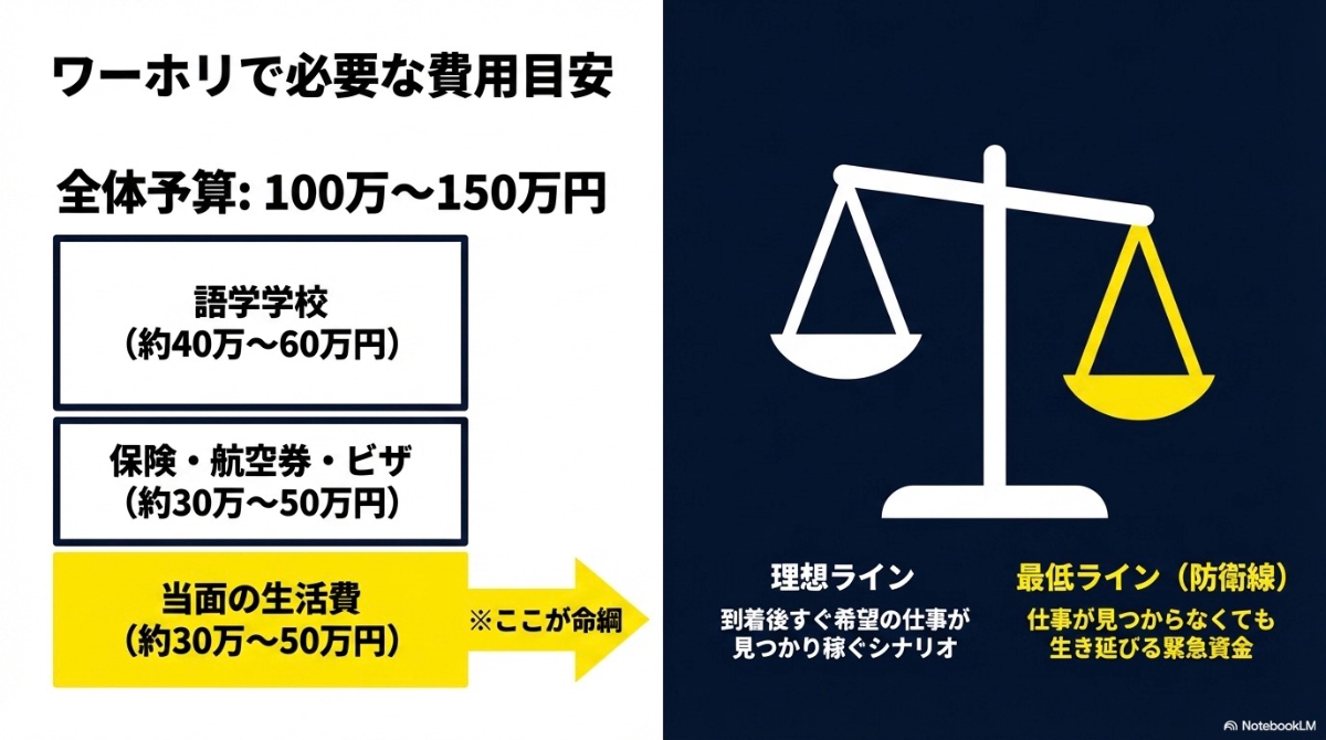 全体予算100万〜150万円の内訳(語学学校、保険・航空券、当面の生活費)と、理想ライン・最低ラインの考え方を示す天秤の図解