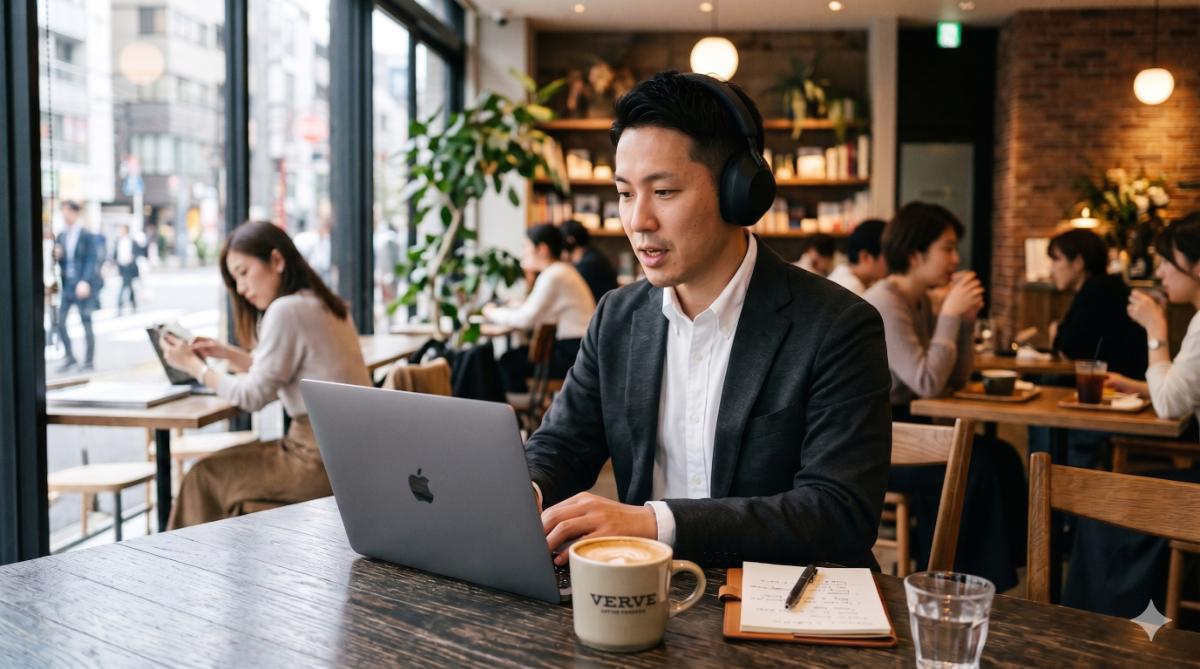 カフェの落ち着いた空間で、パソコンを使って英会話コーチングを受講している日本人男性。