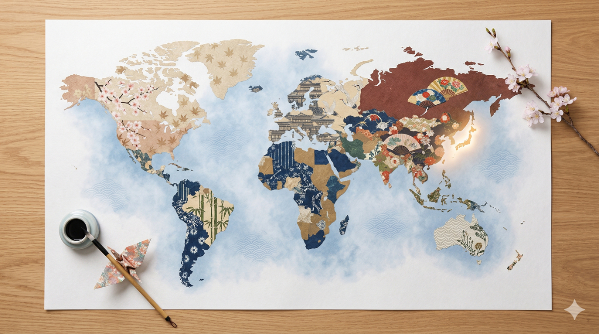 世界地図のシルエットをベースに、日本らしい美しい要素を加え、「親日」というテーマを視覚的に表現。