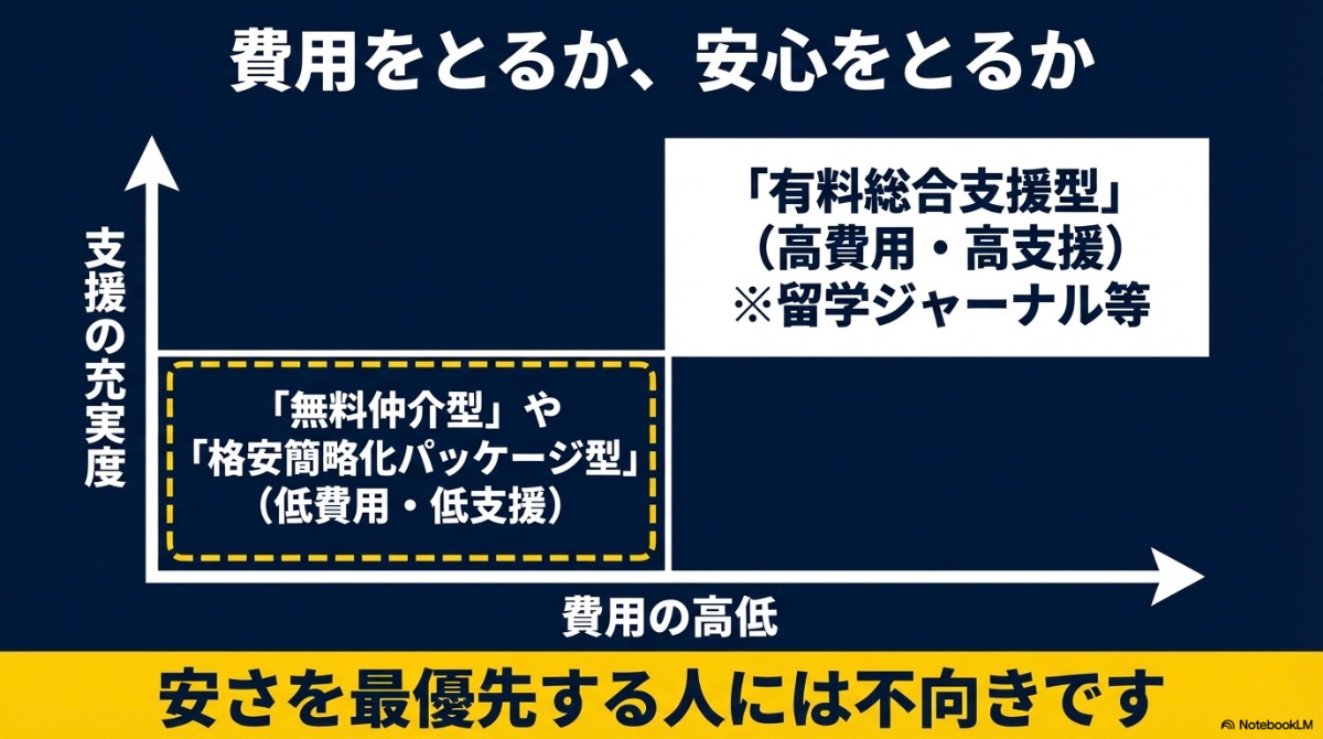 無料仲介型や格安パッケージ型と、留学ジャーナルのような有料総合支援型の費用とサポートの比較図