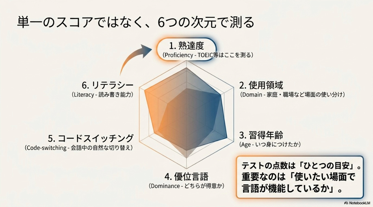 言語能力を測る6つの次元(熟達度、使用領域、習得年齢、優位言語、コードスイッチング、リテラシー)を示すレーダーチャート