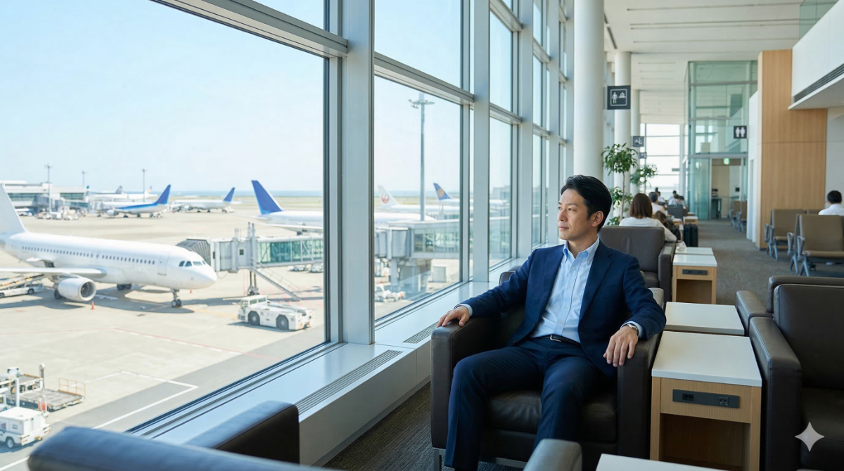 トランスファーの待ち時間に空港のラウンジで窓の外の飛行機を眺めながらリラックスする日本人男性