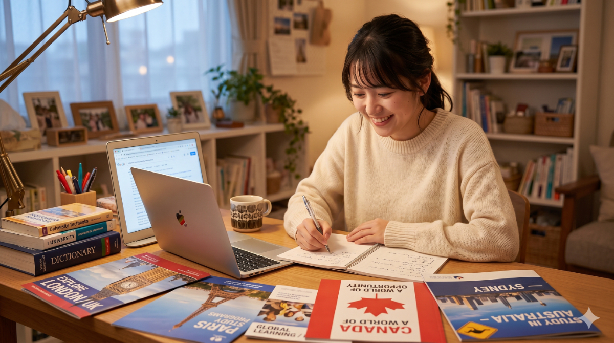 自宅のデスクでパンフレットを比較しながら留学エージェントのプランを検討している女性の様子