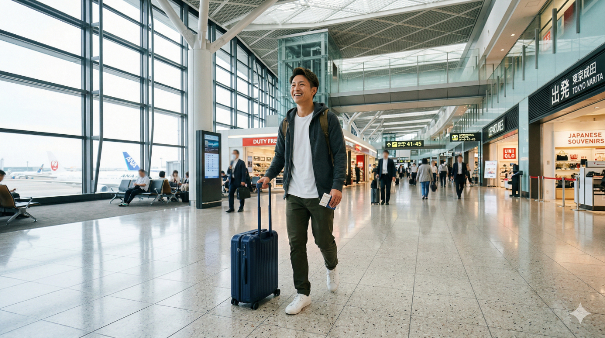 ワーキングホリデー(ワーホリ)で空港に到着し、笑顔で歩く日本人男性の様子