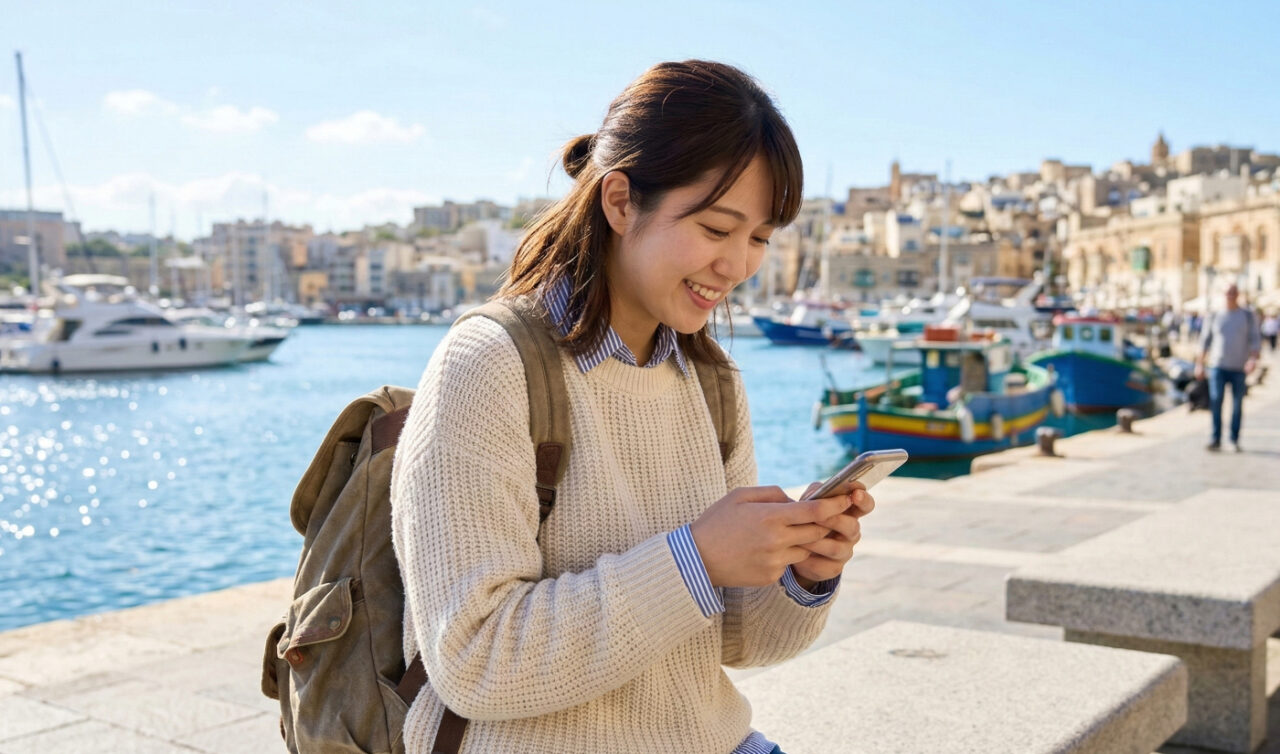 海外の美しい景色の中でスマートフォンを快適に利用し、留学生活を楽しむ日本人の女子学生