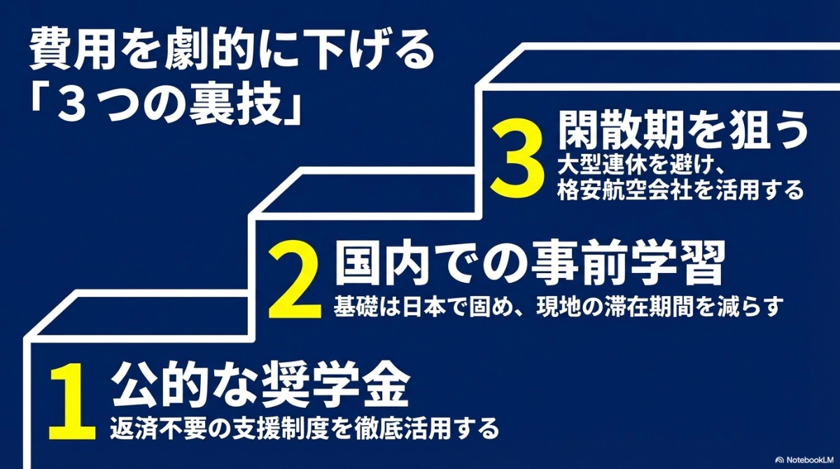 格安航空会社の活用、国内での事前学習による滞在期間の短縮、公的な奨学金の活用という留学費用を下げる3つのポイント