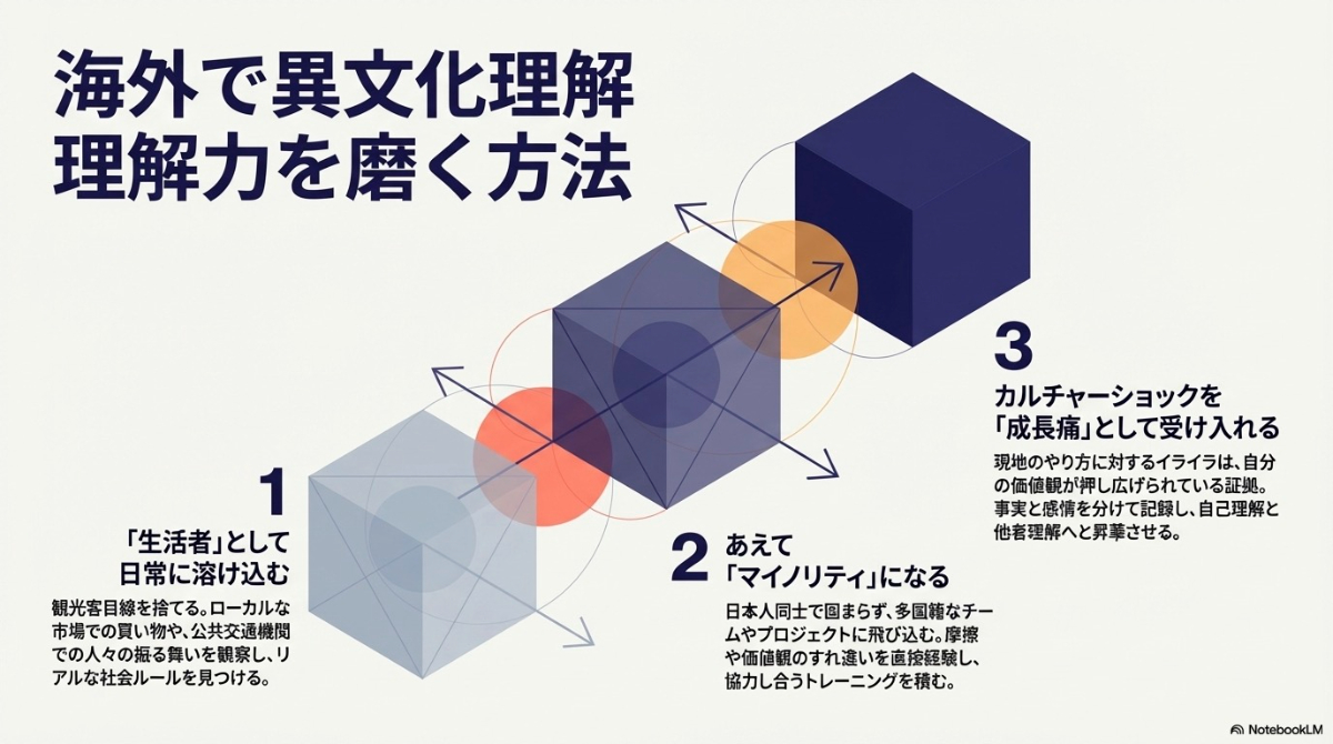 海外で異文化理解力を磨くための「日常に溶け込む」「マイノリティになる」「カルチャーショックを受け入れる」の3ステップの解説図