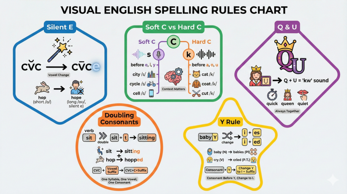 サイレントE、CとGのルール（Soft/Hard）、QとUの法則、子音の二重化、Yのルールなど、主要な英語のスペルルールを具体例と発音イメージで整理した一覧表の画像。